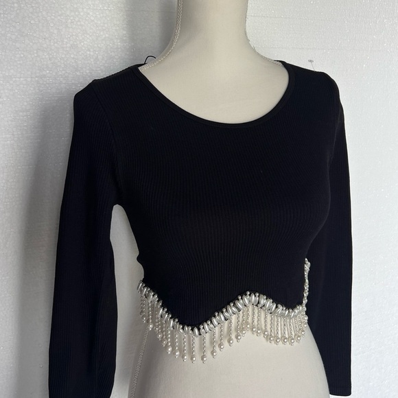 Zara Tops - Zara Black Crop Top with Silver Beaded Fringe